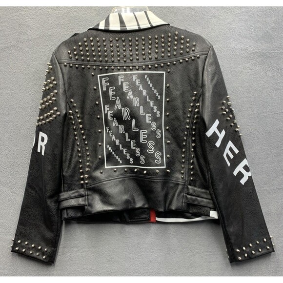 For Her Moto Leather Zebra Printed Jacket 81769 Studded Biker Pockets Large - Picture 3 of 16